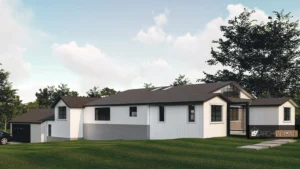 3D exterior rendering of a monochromatic house with a modern pitched roof, showing clean lines and minimalist design