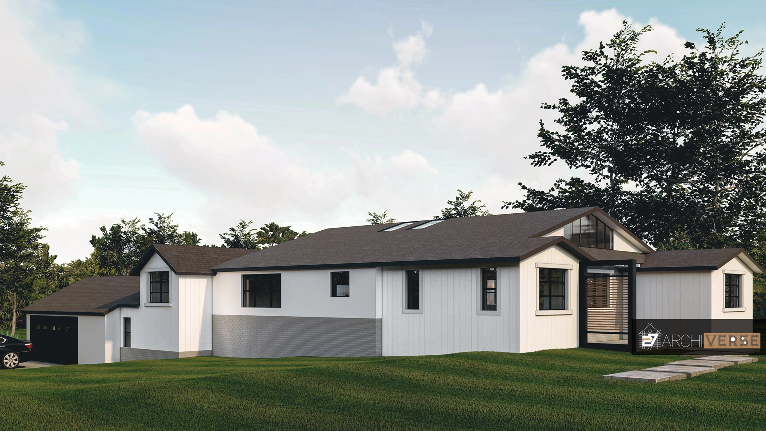 3D exterior rendering of a monochromatic house with a modern pitched roof, showing clean lines and minimalist design