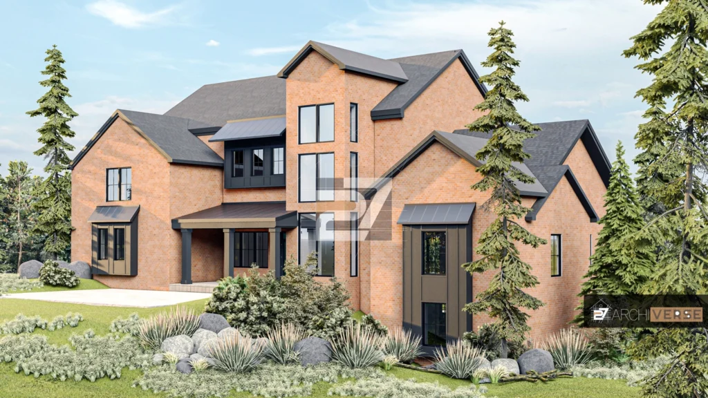 luxury multi-story house rear façade photorealistic render