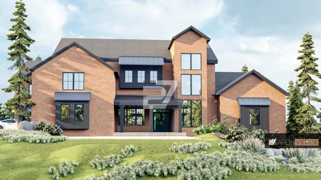 ontemporary residential home exterior with balconies 3D render