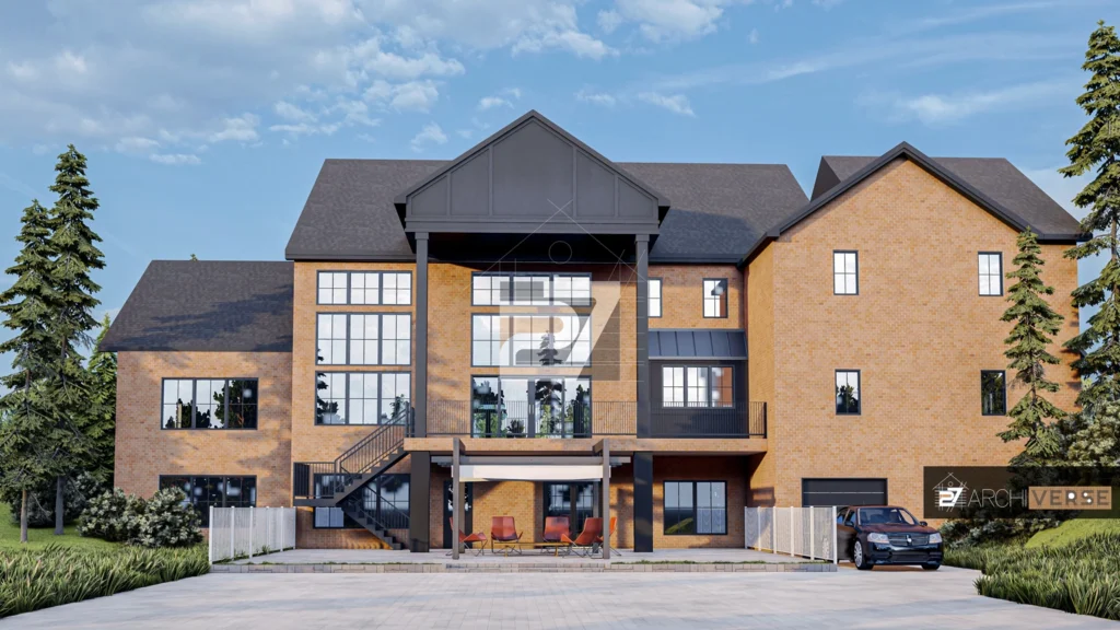 ontemporary residential home exterior with balconies 3D render