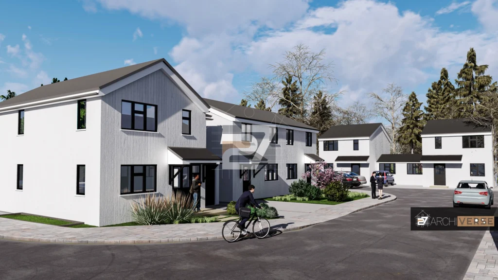 contemporary white façade residential visualization street view