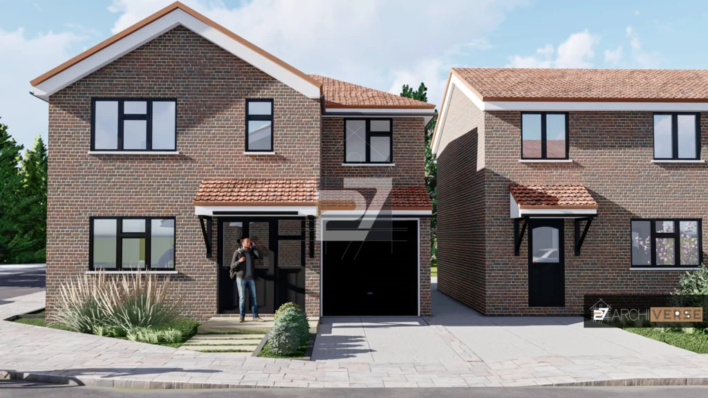 brick façade pitched roof house exterior 3D rendering