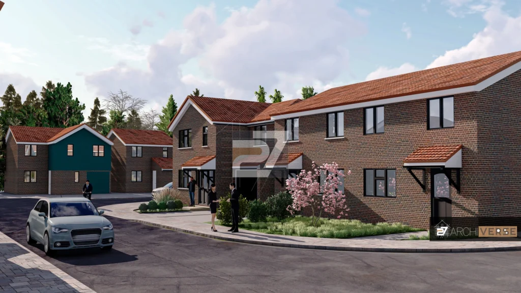 brick façade pitched roof house exterior 3D rendering