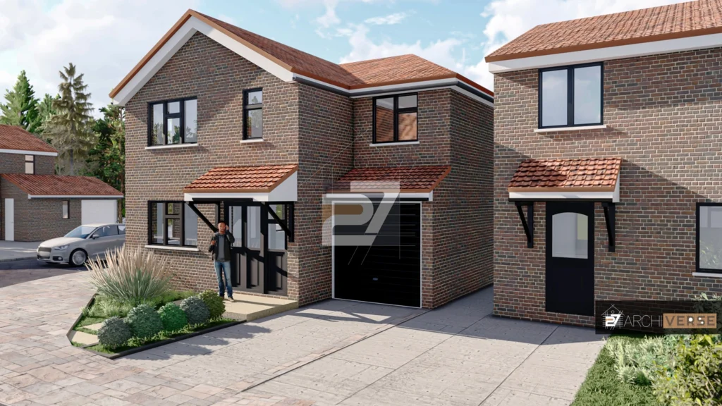 brick façade pitched roof house exterior 3D rendering