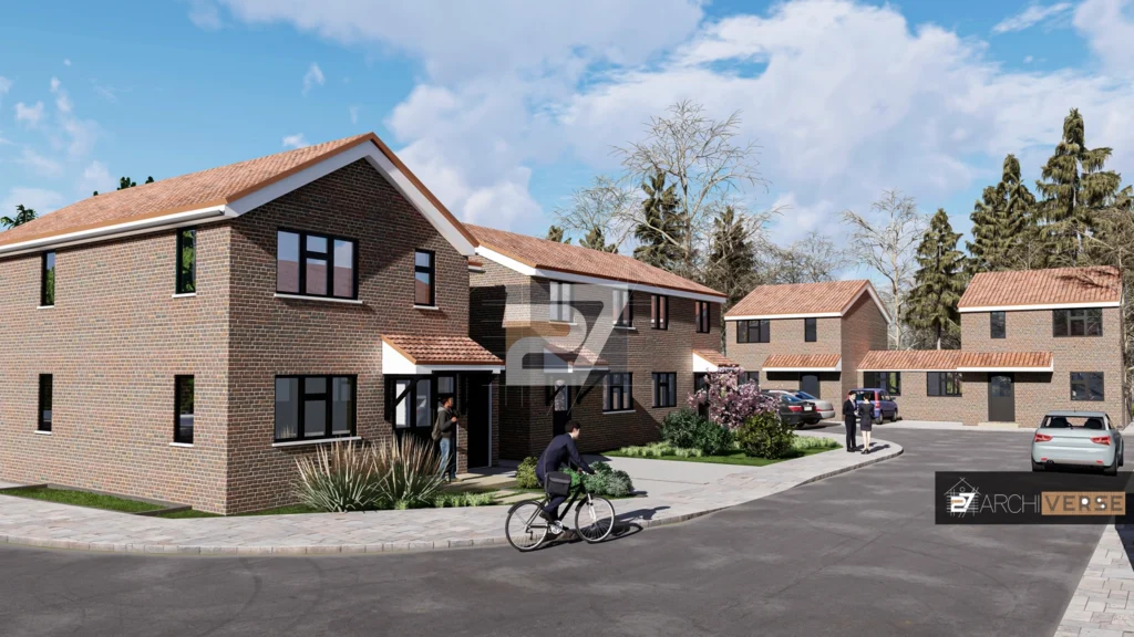 brick façade pitched roof house exterior 3D rendering