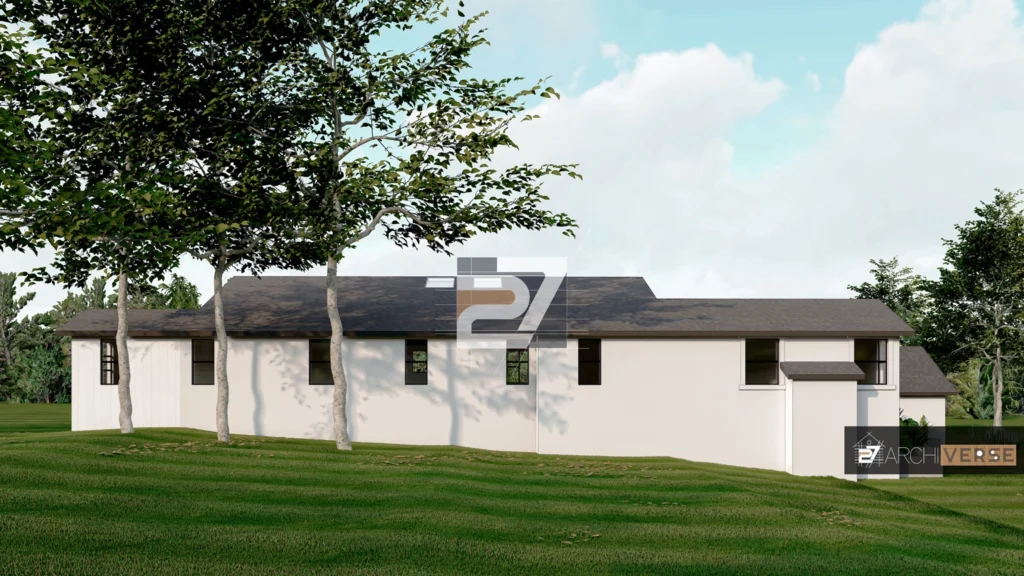Perspective of a monochromatic pitched roof house in 3D visualization, showcasing the minimalist façade and outdoor space
