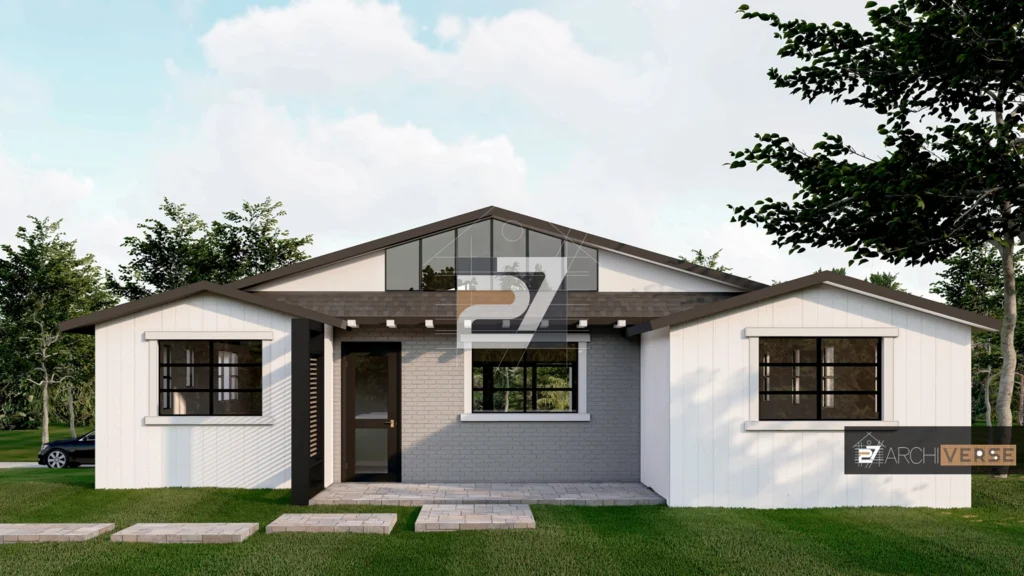 Front view of a modern monochromatic house with pitched roof and detailed 3D rendering, including realistic landscaping