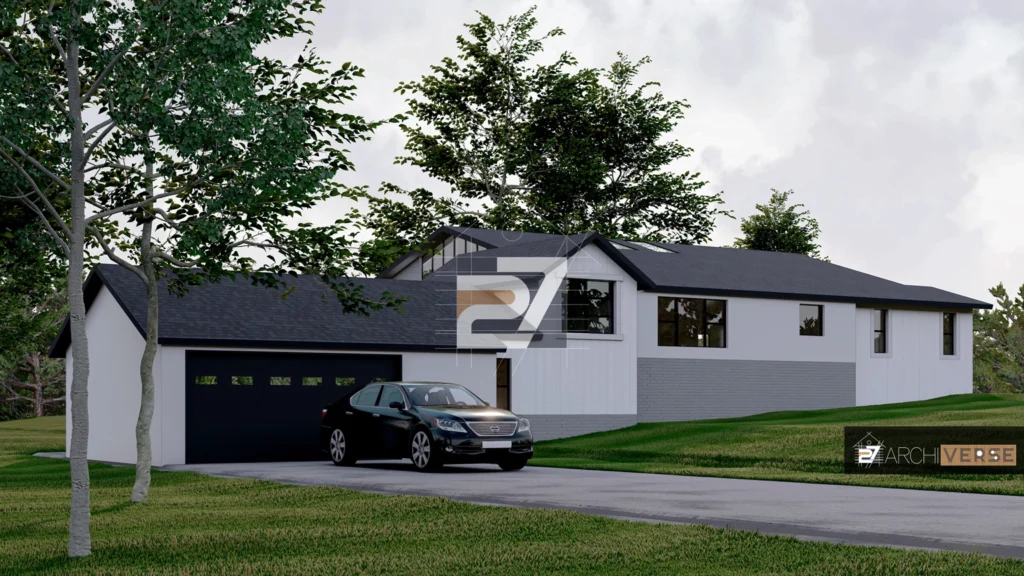 Render of a monochromatic pitched roof house, emphasizing architectural simplicity and clean exterior lines in 3D visualization