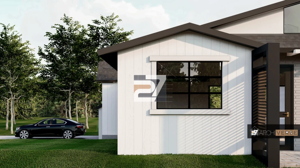 3D visualization of a modern monochromatic house with pitched roof, showcasing the sleek façade and minimalist architecture