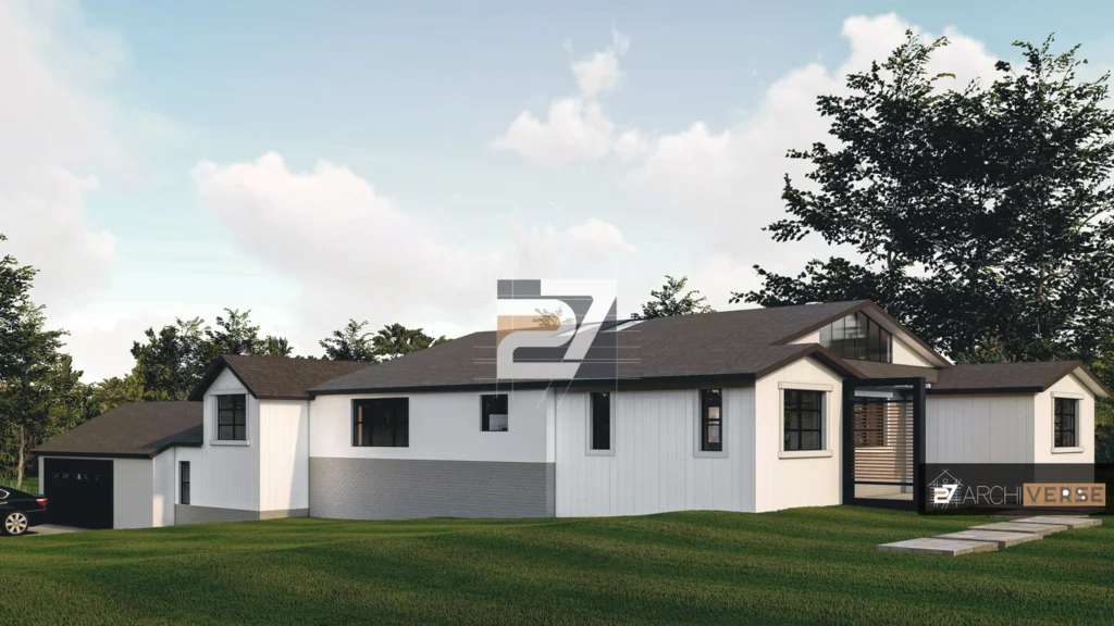Side view of monochromatic house design with pitched roof and contemporary exterior, shown in 3D visualization