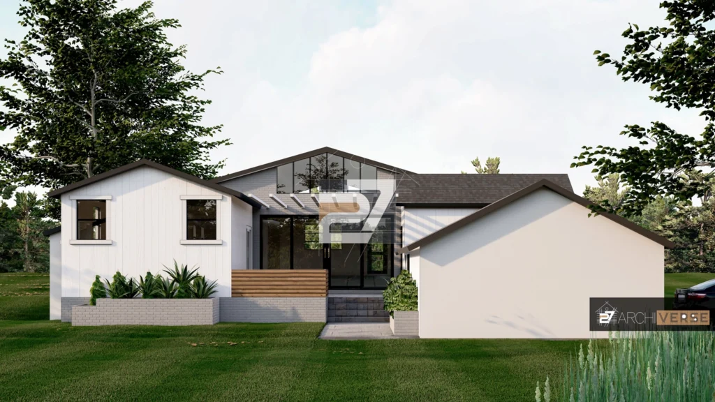 3D exterior rendering of a monochromatic house with a modern pitched roof, showing clean lines and minimalist design