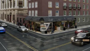 Render of Shot London café design with urban street context, outdoor seating, and contemporary café design elements