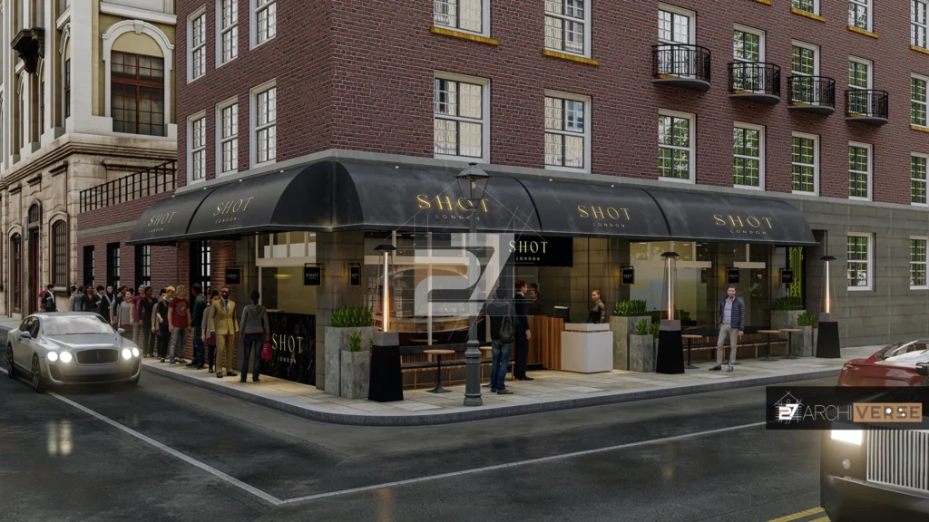 shot london cafe design 3D rendering of café storefront with clean lines, large glass windows, and street-facing seating terrace