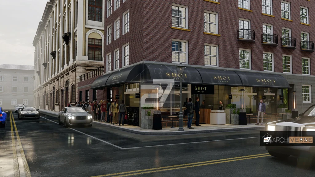 Modern Shot London café design exterior with terrace seating, canopy awning, and lively urban surroundings