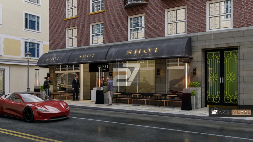 shot london cafe design Street-level view of Shot London café with modern storefront, large glass windows, and outdoor seating area