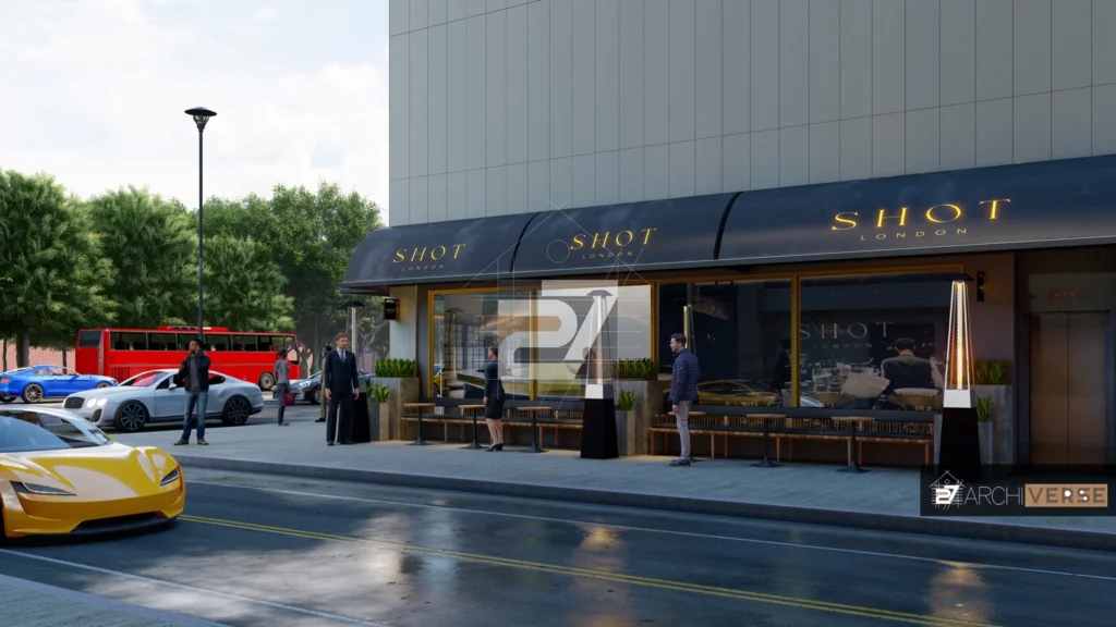 Street-level view of shot London restaurant with café-style terrace, modern awning, and vibrant urban setting