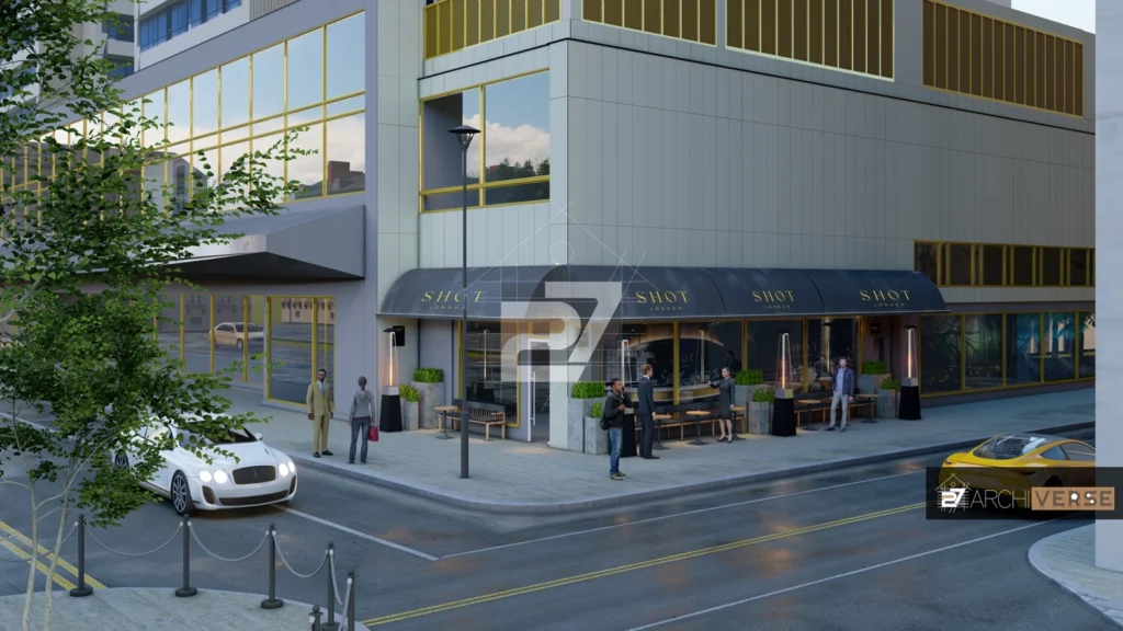 3D rendering of shot London restaurant with sleek storefront, outdoor seating area, and canopy awning