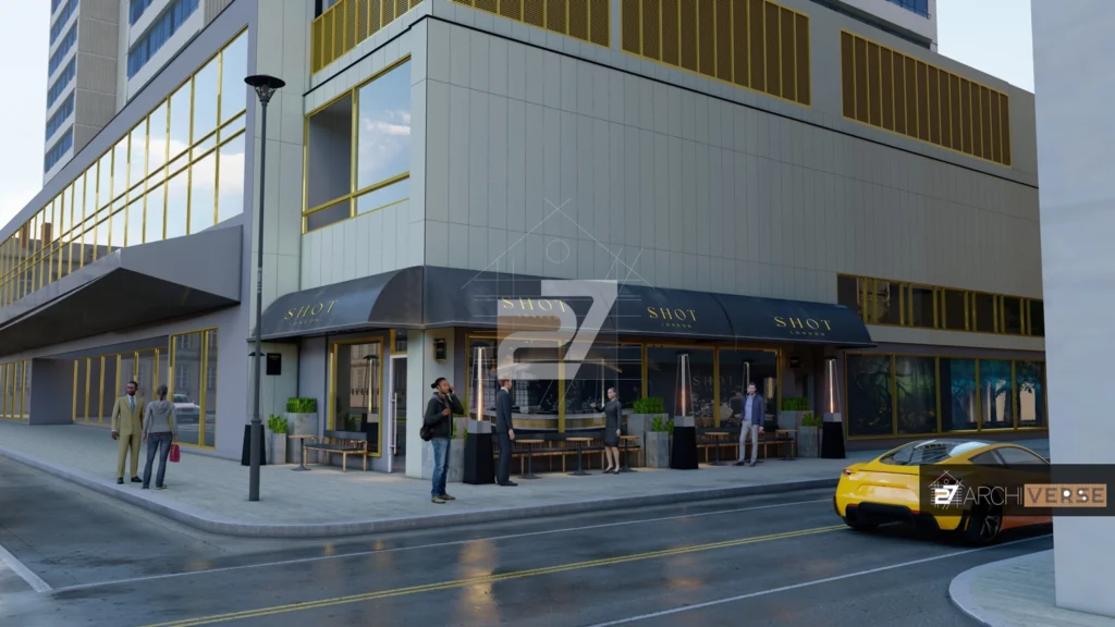 Modern shot London restaurant design with large glass windows, street-facing terrace seating, and city backdrop