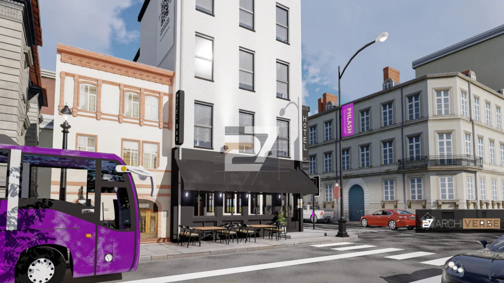 3D view of hotel façade featuring modern windows, balconies, and a transparent restaurant frontage