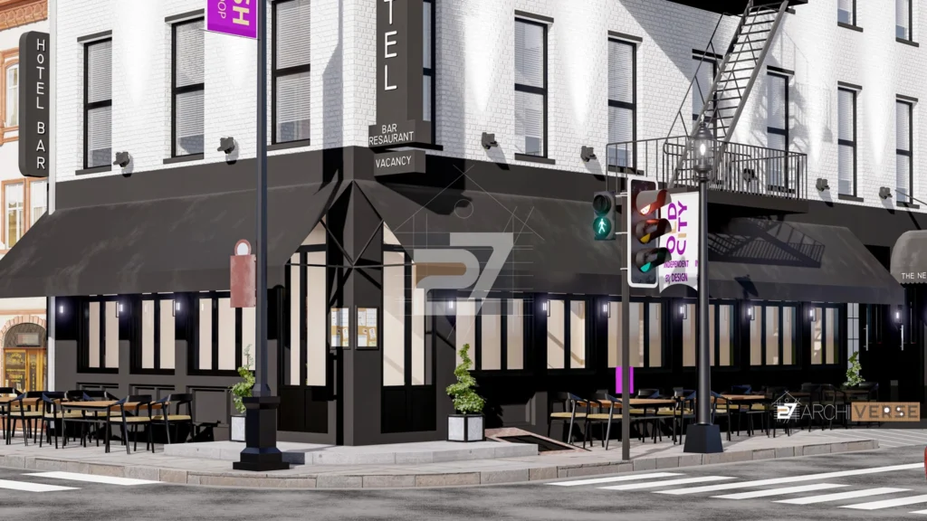 3D view of hotel façade featuring modern windows, balconies, and a transparent restaurant frontage