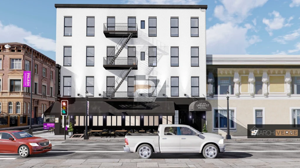 Exterior view of The New Urbanist Hotel showing restaurant canopy, outdoor seating, and busy urban street