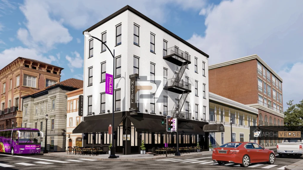 render showing hotel entrance with street-level restaurant, café terrace, and surrounding urban context Commercial Architecture