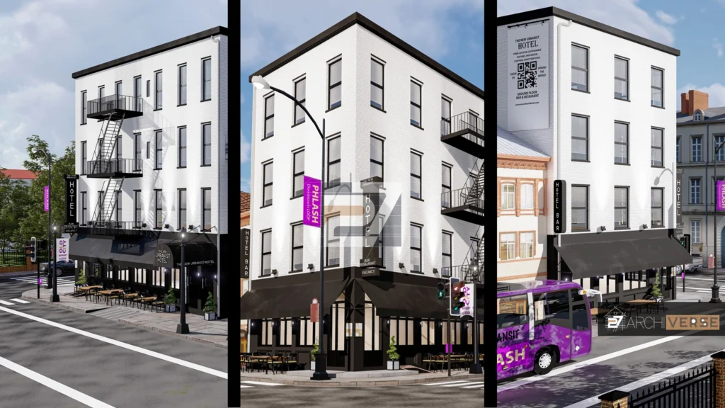 Exterior view of The New Urbanist Hotel showing restaurant canopy, outdoor seating, and busy urban street