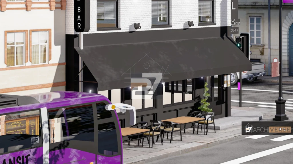 Side angle view of the New Urbanist Hotel with outdoor seating area and clean, modern design