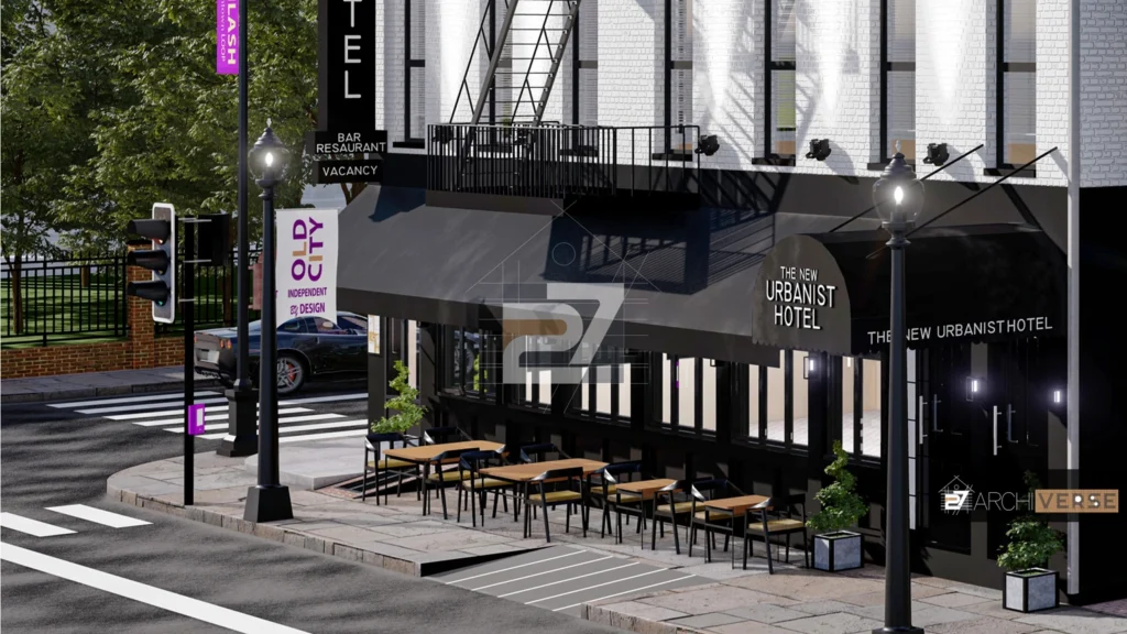 Side angle view of the New Urbanist Hotel with outdoor seating area and clean, modern design