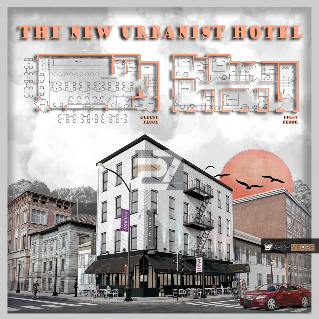 Street-level rendering of New Urbanist Hotel with glass restaurant frontage and outdoor café seating