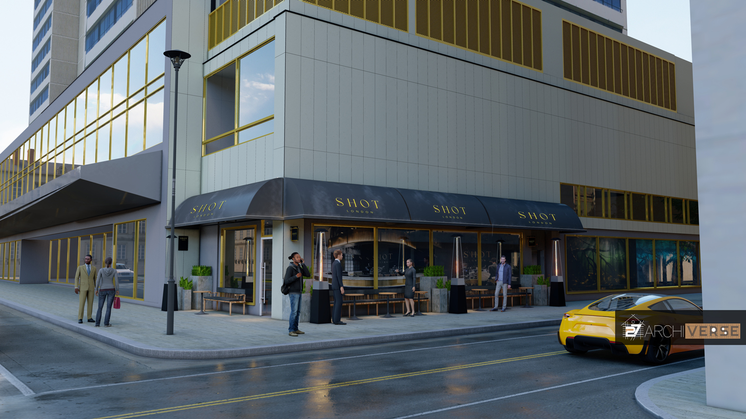 3D rendering of London shot restaurant with sleek storefront, outdoor seating area, and canopy awning