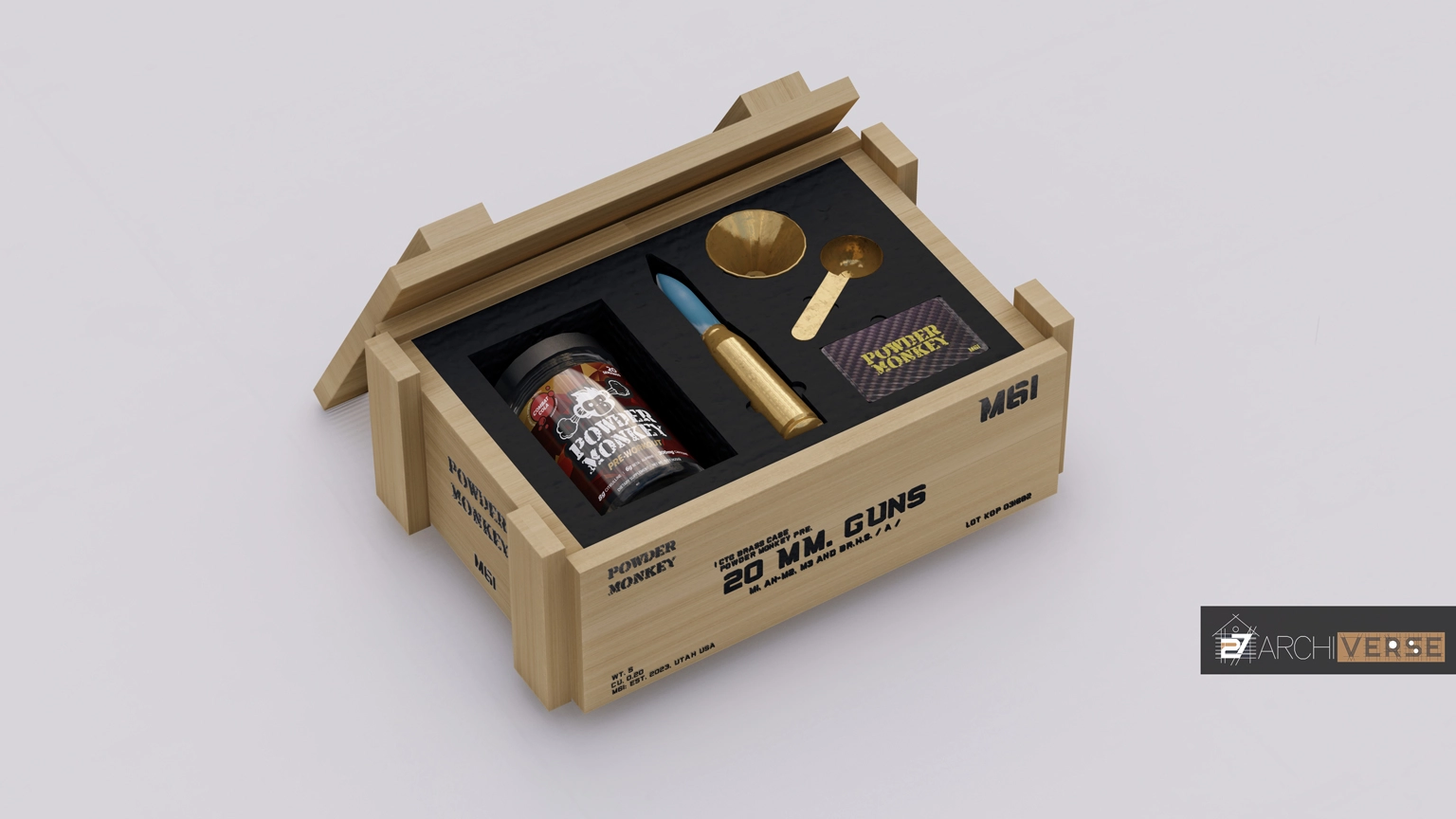 Open ammo wooden box showing internal compartments and realistic wood texture