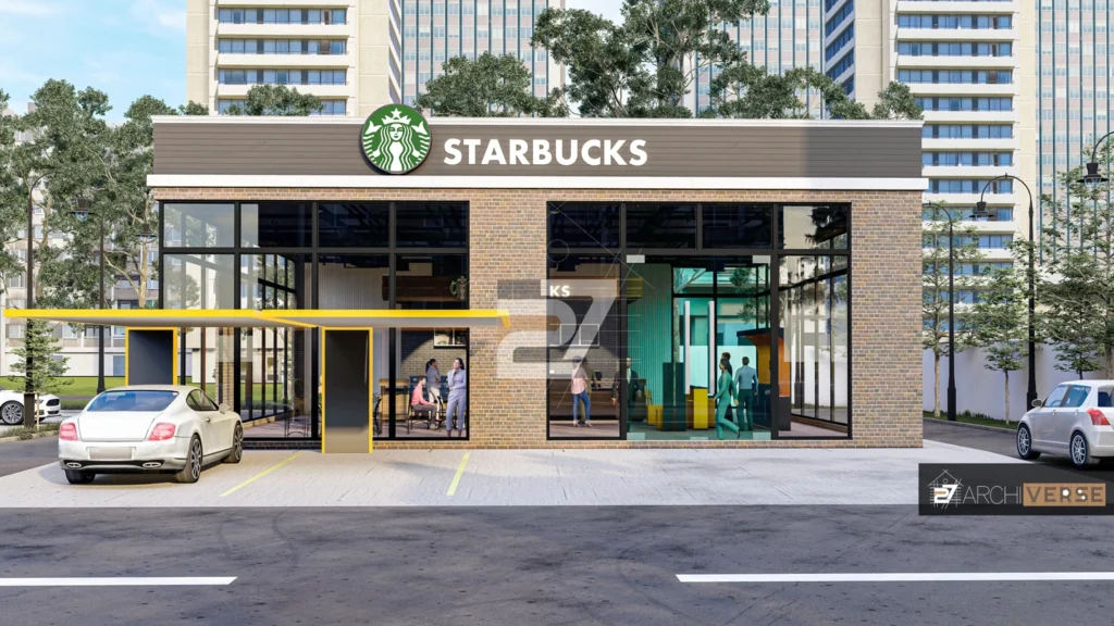 Front view of Starbucks coffee shop exterior with drive-thru and brand logo
