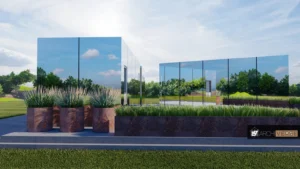 3D exterior rendering of a drive-thru restaurant with reflective glass surfaces and landscaping features