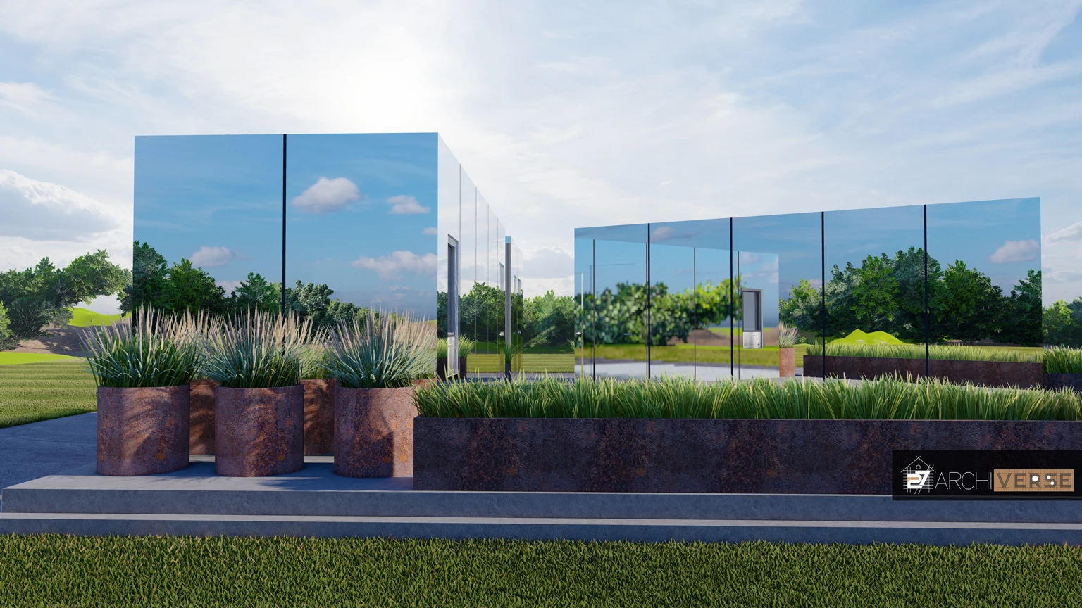 3D exterior rendering of a drive-thru restaurant with reflective glass surfaces and landscaping features