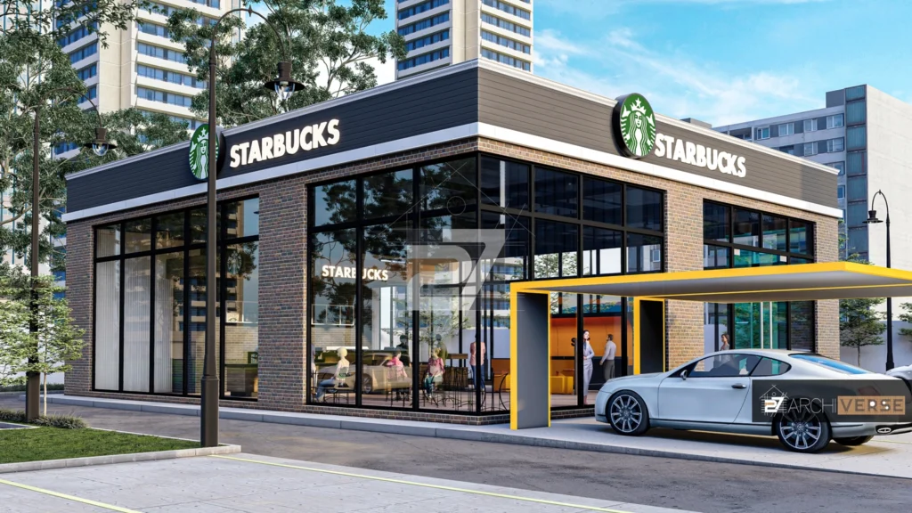 3D rendering of Starbucks exterior with modern materials, including brick façade and glass windows