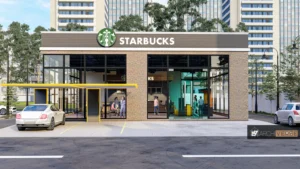 Front view of Starbucks coffee shop exterior with drive-thru and brand logo