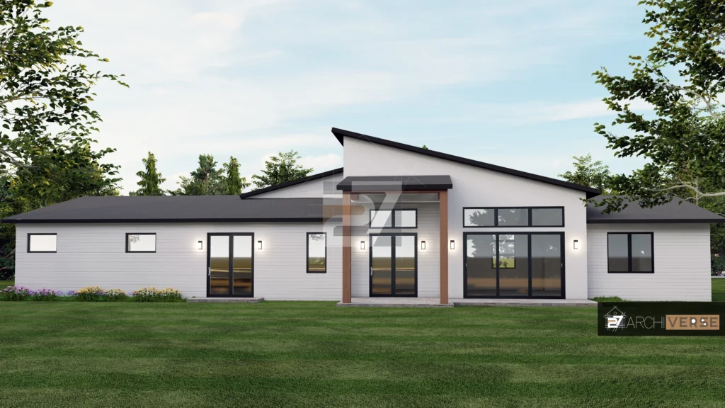 Close-up of house facade with metal roofing and wood accents around windows