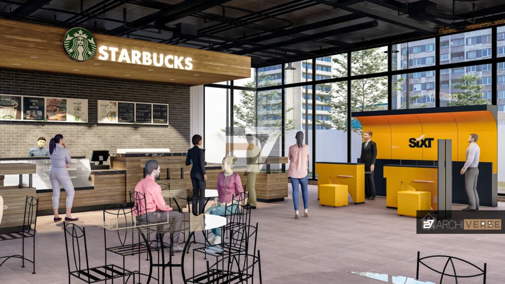3D Starbucks coffee shop interior showing modern design, seating arrangements, and natural lighting