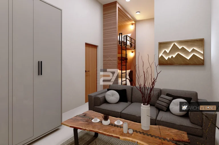 4-person bedroom hotel design with warm lighting and contemporary furniture