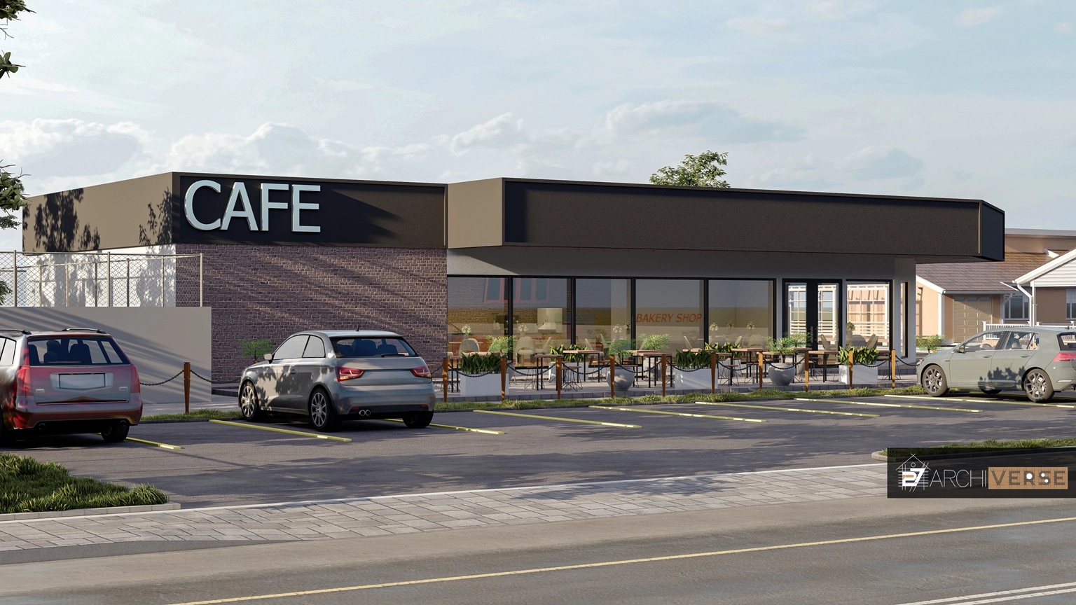 3D rendering of modern cafe exterior with large glass windows and outdoor seating area