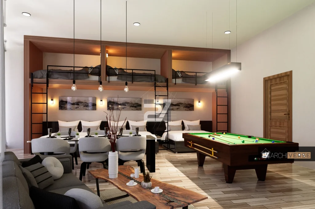 9-person bedroom hotel design with game table and shared seating area