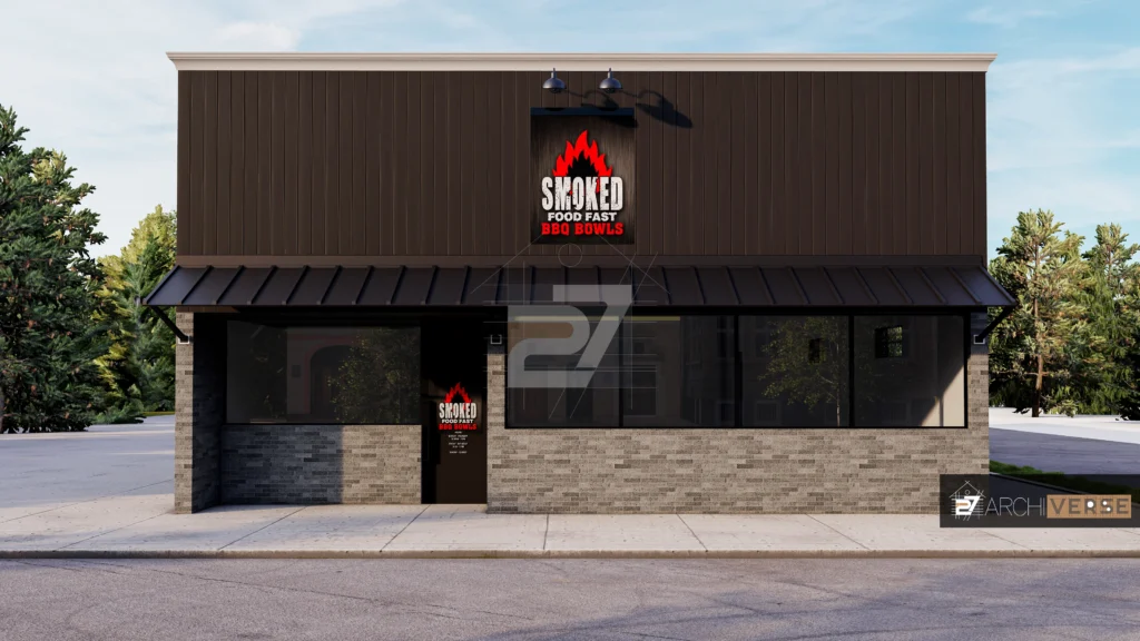 3D rendering of restaurant exterior with brick and metal facade and large signage