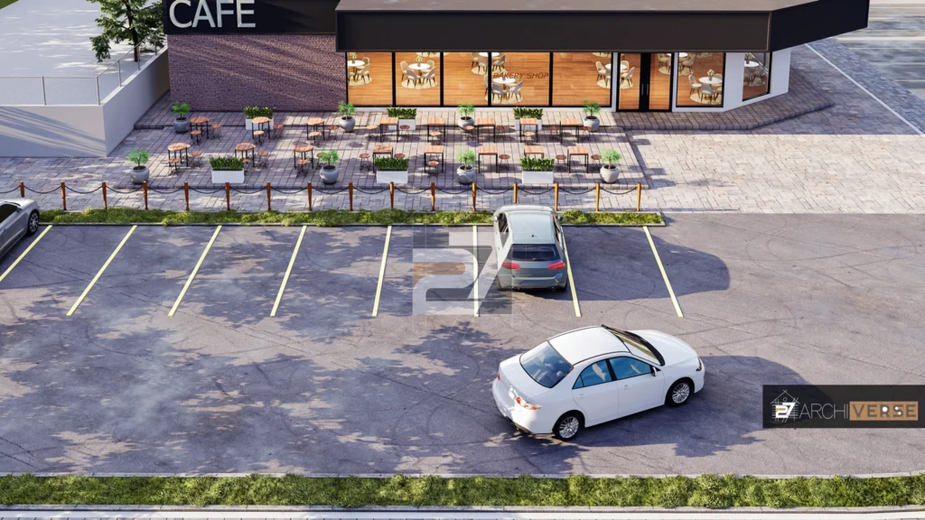 Detailed view of cafe storefront with large windows and signage showcasing the name