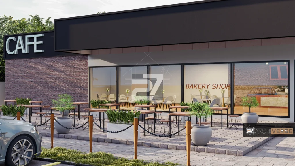 Outdoor seating area at a modern cafe with rustic wooden chairs and planters