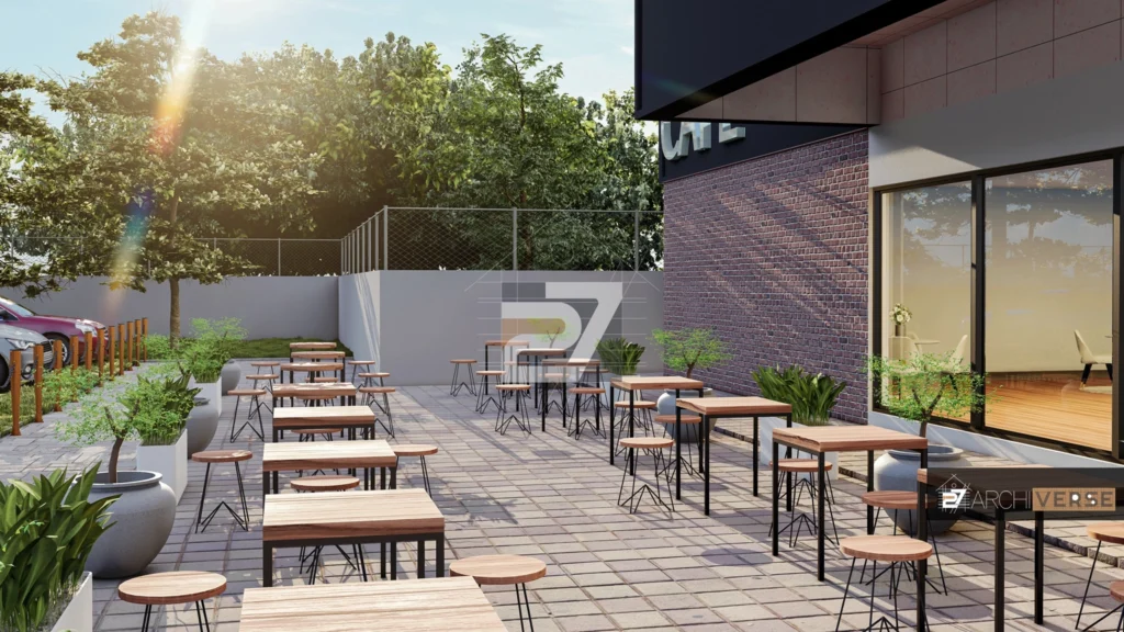 Side view of cafe exterior design with sleek lines and inviting patio seating