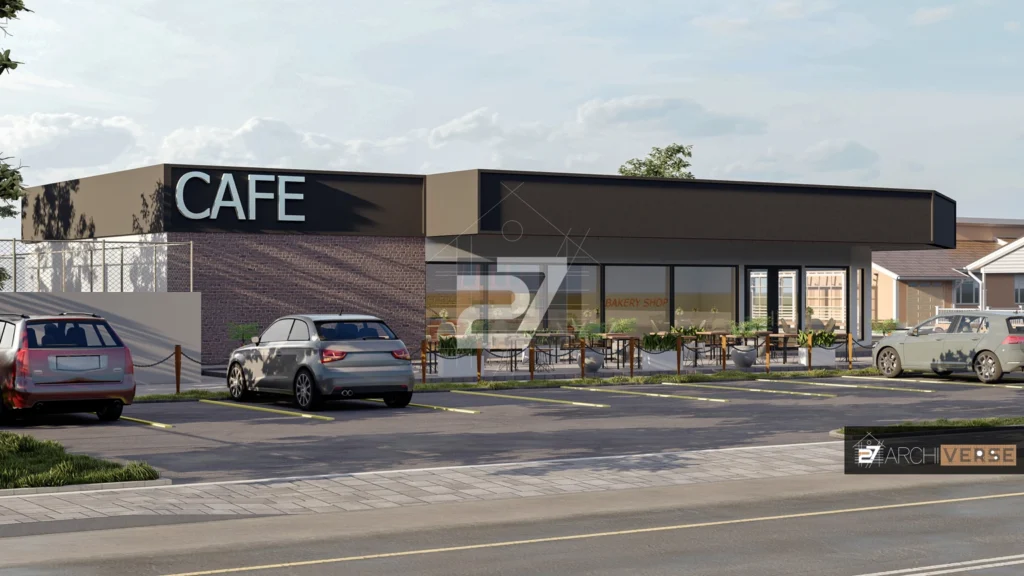 Front view of contemporary cafe exterior design with spacious entryway and natural light