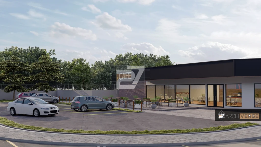 Front view of contemporary cafe exterior design with spacious entryway and natural light