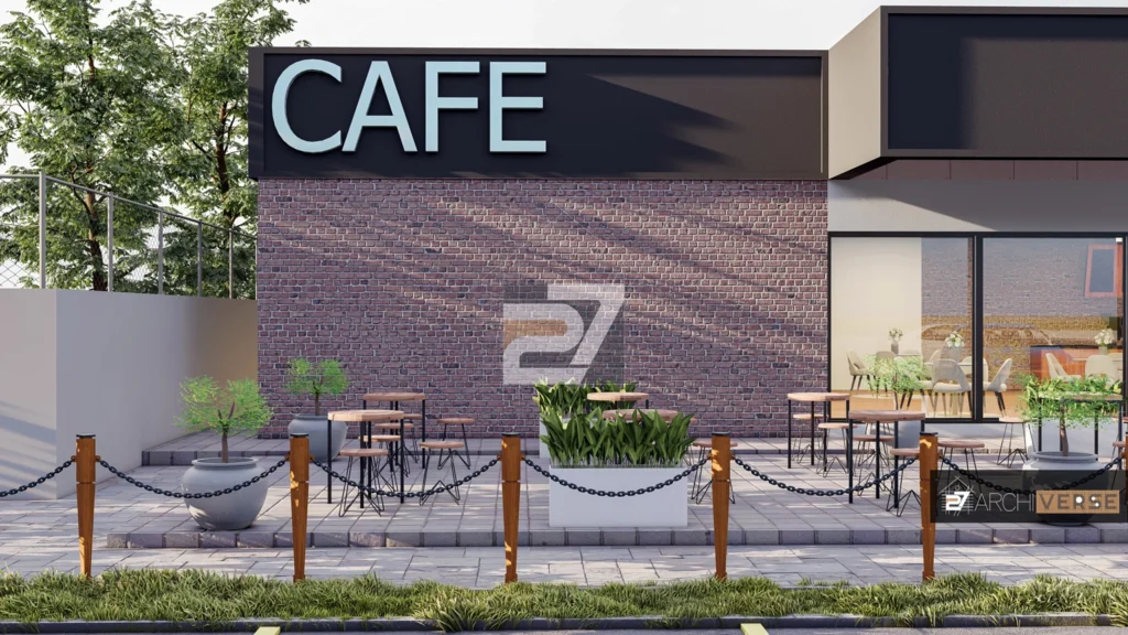 Front view of contemporary cafe exterior design with spacious entryway and natural light